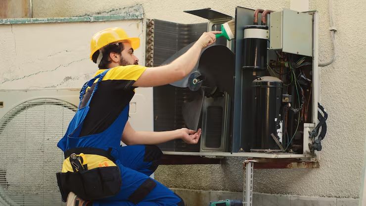 Technician installing an outdoor heat pump unit